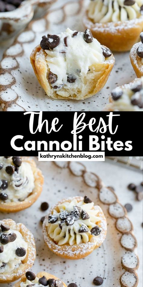 Mini Cannoli Bites (6 Ingredient Recipe) Small Italian Desserts, No Bake Mini Canoli Cheesecake, Canoli Mini Cups, Dessert Small Bites, Mini Cannoli Bites, Mini Canoli Cups Cannoli Dip, Mini Canolli Tarts, Fancy Desert Ideas, Sweet Bites Desserts