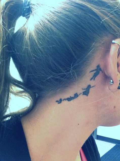 Side Finger Tattoos, Peter Pan Silhouette, Silhouette Tattoo, Silhouette Tattoos, Finger Tattoos, Ear Tattoo, Behind Ear Tattoo, Peter Pan, Tatting