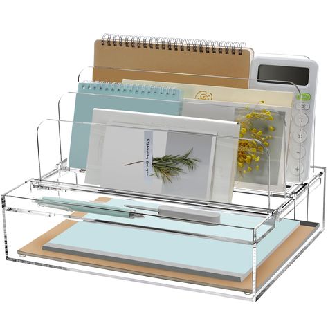 PRICES MAY VARY. 🗂️【Acrylic Desk Organizers and Accessories】Better categorize your office acrylic desk organizers and accessories storage with this 3 sections file folder organizer with letter tray that measures 12.6"*8.8"*8.6". 🗂️【Superior Load-bearing Capacity】Crafted from high-purity acrylic, our acrylic file organizer for desk ensures superior weight-bearing capacity, maintaining a crystal-clear, smooth-to-the-touch surface. The thickened material adds durability, guaranteeing long-lasting Office Desk Organizers, Acrylic Organizer Desk, Front Desk Organization Ideas, Office Supplies Aesthetic, Work Desk Organization Ideas, Small Cubicle Decor, Home Desk Organization, Office Desk Decor For Work, Cute Cubicle Decor