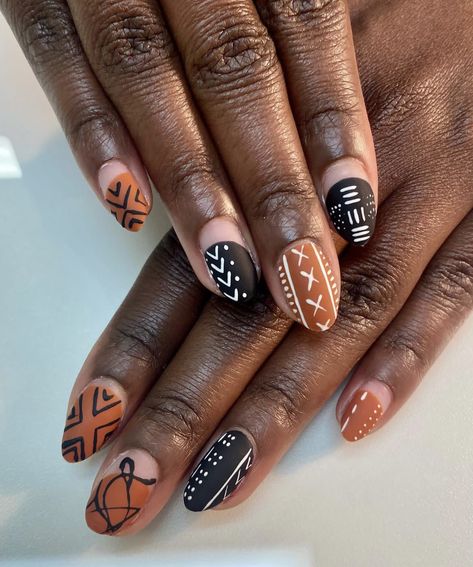 African Design Nails, Mud Cloth Nails, African Inspired Nail Design, Africa Inspired Nails, African Nail Art Design, African Nail Art, African Nails, Book Nails, Side Hairstyle