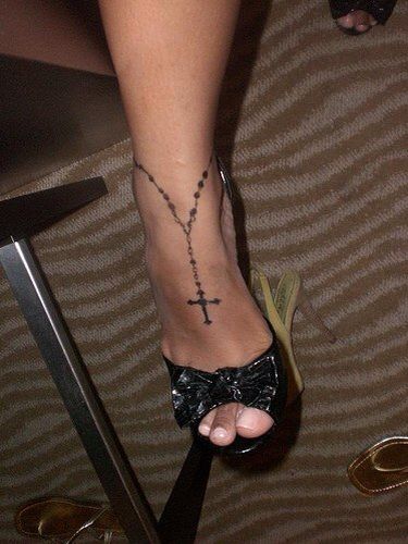 Rosary Tattoo On Ankle, Rosary Ankle Tattoos, Rosary Bead Tattoo, Tiny Cross Tattoo, Rosary Tattoo, Chain Tattoo, Cross Tattoos For Women, Ankle Tattoos For Women, Anklet Tattoos