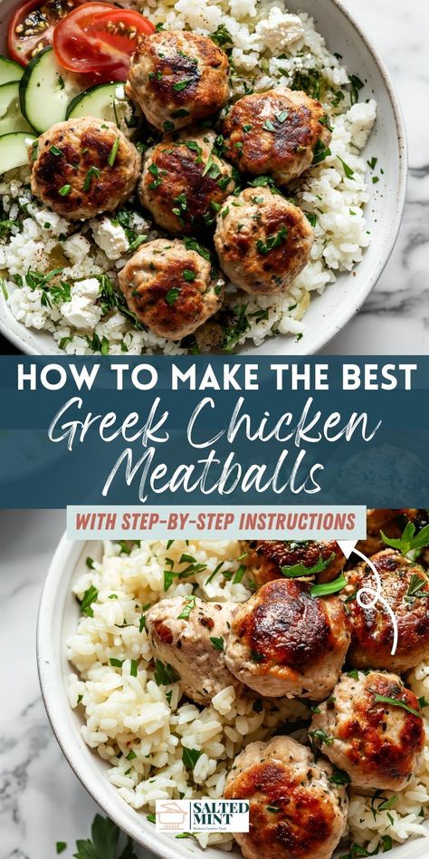 Pinch Of Yum Chicken Meatballs, Middle Eastern Chicken Meatballs, Chicken Or Turkey Recipes, Mediterranean Diet Recipes Meatballs, Meal Prep Recipes With Chicken, Ground Chicken With Broccoli, Mediterranean Chicken Meatball Recipes, Healthy Dinner Meatballs, Ground Chicken Spinach Meatballs