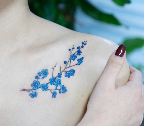 352 Likes, 3 Comments - Zihee_tattoo (@zihee_tattoo) on Instagram: “푸른 매화✨ -” Blue Flower Tattoos, Wildflowers Tattoo, Colorful Flower Tattoo, Bone Tattoos, Music Tattoo Designs, Disney Tattoo, Blossom Tattoo, Cherry Blossom Tattoo, Sternum Tattoo