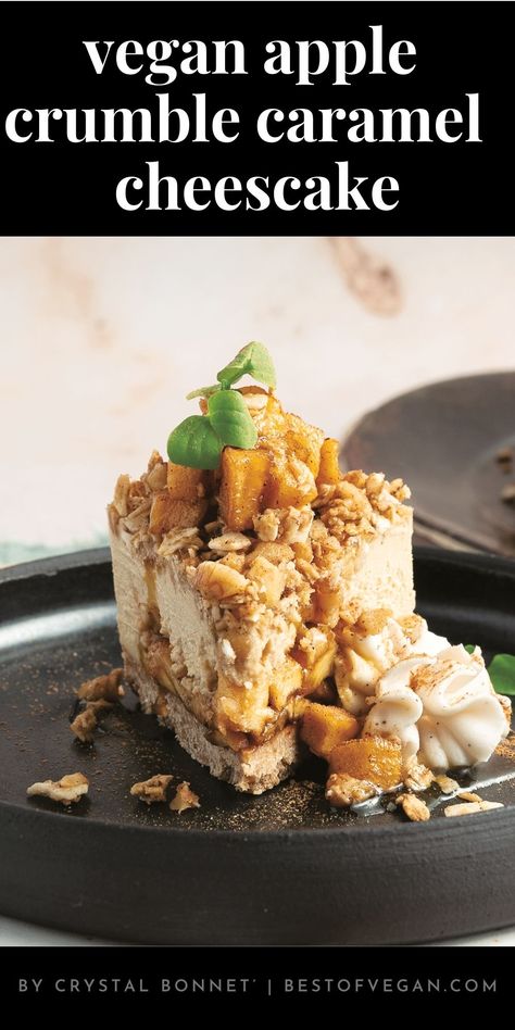 Imagine biting into a luscious, creamy cheesecake filled with sweet apple crumble and topped with melt-in-your-mouth caramel. Sounds too good to be true? Think again! This Apple Crumble Caramel Cheesecake is not just a dessert, it's a journey into a world of flavor and pure bliss. But the best part? It's 100% vegan! Yes, you read that right. You don't have to give up your love for cheesecakes just because you're vegan. So, what are you waiting for? Get the full recipe here. Vegan Chai Cheesecake, Vegan Caramel Apples, Apple Crumble Cheesecake, Vegan Caramel Apple, Caramel Cheesecake Recipes, Crumble Cheesecake, Spiced Walnuts, Vegan Baking Recipes, Caramel Apple Cheesecake