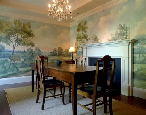 Exquisite Scenic Wallpaper Murals + Sources | Laurel Home Susan Harter, Blue Willow Decor, Dining Room Murals, Affordable Wallpaper, Scenic Wallpaper, Chinoiserie Wallpaper, Elegant Dining Room, Wallpaper Living Room, Dining Room Walls