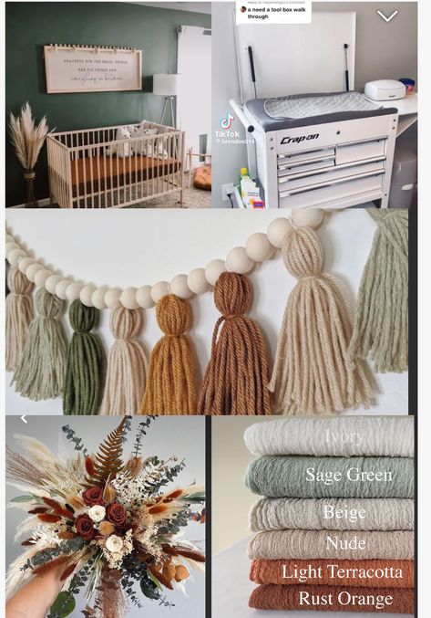 Sage Green And Rust Nursery, Safe Green Nursery Ideas, Green And Rust Nursery, Rust Orange Nursery, Terra Cotta Nursery, Southwestern Nursery, Orange Nursery, Yellow Nursery, Southwestern Decor