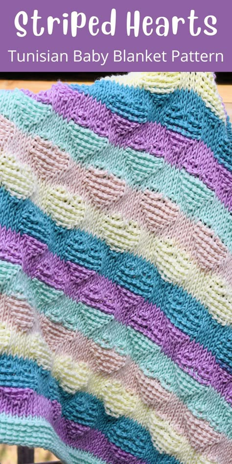 Learn to make this beautiful Tunisian Baby Blanket in an adorable Striped Hearts pattern. Just two Caron Big Cakes is all you will need. The stripes are formed with a self-striping yarn, but you'll be able to make more defined stripes, if you prefer. Lightweight Crochet Scarf, Tunisian Baby Blanket, Tunisian Crochet Pattern, Crochet Pattern Instructions, Tunisian Crochet Hook, Crochet Baby Blanket Free Pattern, Tunisian Crochet Patterns, Tunisian Crochet Stitches, Crochet Scarf Pattern