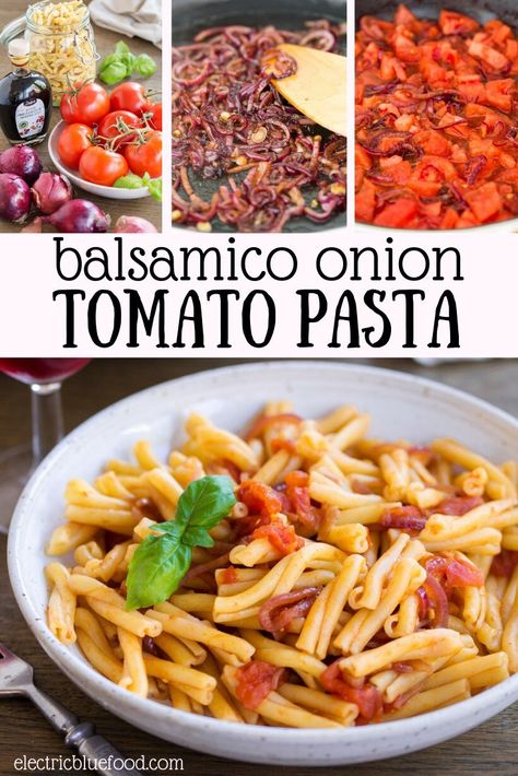 A delicious pasta sauce made with fresh tomatoes and balsamico onions. Red onions are flavoured with balsamic vinegar before adding fresh tomatoes for a fantastic summer pasta sauce. Red Onion Pasta, Balsamic Pasta Sauce, Pasta With Onions, Healthy Risotto, Balsamic Pasta, Onion Pasta, Fresh Tomato Pasta, Vegetarian Pasta Dishes, Pasta With Meat Sauce