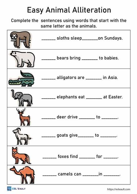 animal alliteration Alliteration Worksheet, Preschool Christmas Worksheets, Alliteration Activities, Esl Writing, Figurative Language Worksheet, Escuela Diy, Kindergarten Pictures, English Grammar Rules, Geography Lessons