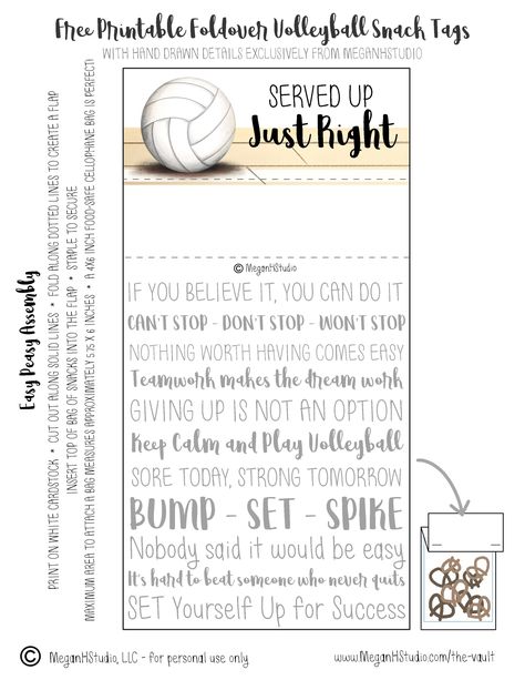 Volleyball Candy Ideas, Snack Bags For Sports Volleyball, Last Volleyball Game Gifts, Printable Volleyball Templates, Volleyball Candy Sayings, Post Game Snacks, Volleyball Treats, Volleyball Printable, Volleyball Snacks