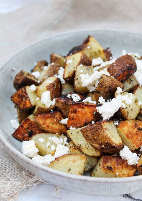 Roasted Potatoes with Lemon Oregano and Feta are a unique and delicious side dish. Tender roasted potatoes tossed with fresh herbs, citrus, and tangy feta cheese. Baby Dutch Yellow Potatoes, Wedges Potato, Potato Recipes Baked, Potato Asparagus, Potato Side Dish Recipes, Recipes Sweet Potato, Potatoes Mushrooms, Unique Side Dishes, Broccoli Carrot