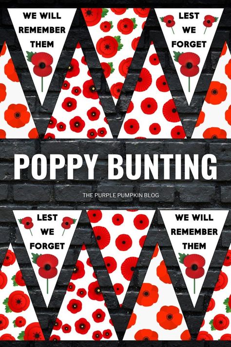 Download this Free Printable Poppy Bunting to commemorate Remembrance Day on 11 November. There are six designs in this set of Poppy Day flags that you can print at home for free! Hang inside or outside your home, workplace, care home, hospital ward, or anywhere that you want to honour the fallen and those who serve to defend our democratic freedoms and way of life. #ThePurplePumpkinBlog #PoppyDay Remembrance Crafts Ideas, Anzac Day Scrapbook Layouts, Remembrance Day Displays, Poppy Day Crafts, Rembrance Day Craft, Remembrance Day Decorations, Anzac Day Decorations, Anzac Day Display Ideas, Poppy Decorations Ideas