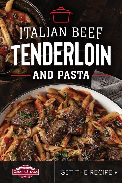 Italian Beef tenderloin and pasta Tenderloin Tips Recipe, Mostaccioli Pasta, Beef Tip Recipes, Beef Tenderloin Recipes, Omaha Steaks, Steak Tips, Tenderloin Steak, Italian Beef, Tenderloin Recipes