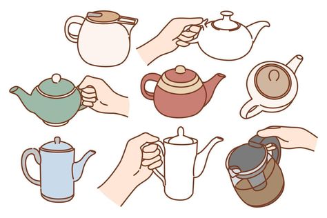 Set of diverse kettles of different shapes and sizes. Collection of teapots for tea ceremony. Person hand hold kitchenware serve warm hot beverage in kitchen. Home appliance. Vector illustration. Hand Hold, Home Appliance, In Kitchen, Tea Ceremony, Kitchen Home, Different Shapes, Aesthetic Photography, Hot Drink, Holding Hands