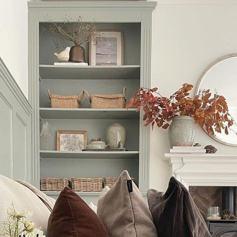 @renovating.no10 on Instagram: "A little living room shot before it’s no longer our main sitting room .. I always love it at this time of year especially as the autumn colours work soo well with the panelling. Can you spot another of my new vintage prints? #prints #frames #neutrals #shelfie #alcoveshelving #alcoveunits #livingroom #livingroomdesign #cornersofmyhome #neutralstyle" Lounge Shelf Styling, Alcove Shelving, Living Room Update, Autumn Colours, Room Update, Blue Living Room, Paint Colours, Shelf Styling, Living Room Paint