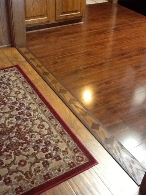 I love the transition from the wood to the laminate Wood To Wood Transition Flooring, Different Wood Floors In Adjoining Rooms, Floor Transition, Transition Ideas, Transition Flooring, Wood Floor Design, Hardwood Floor Colors, Flooring Kitchen, Refinishing Hardwood Floors