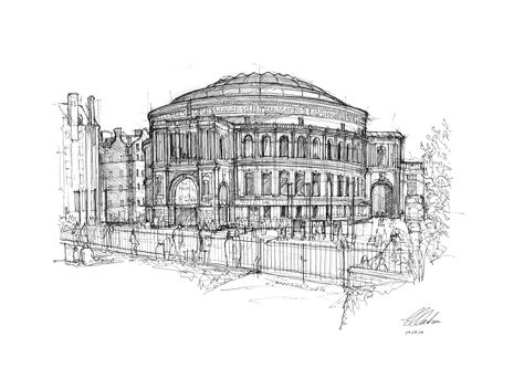 Royal Albert Hall Drawing, Luke Adam Hawker, Hall Drawing, Luke Adam, Waterfall House, Interior Door Trim, Architecture Sketches, The Royal Albert Hall, Building Sketch