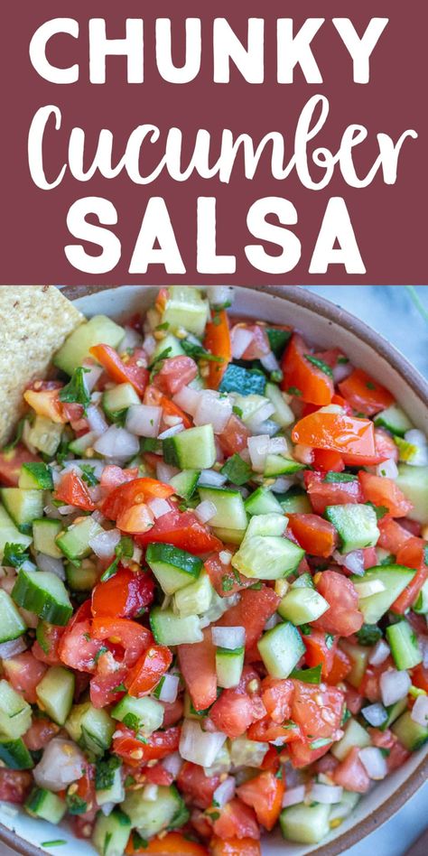 This Chunky Cucumber Salsa is super healthy and refreshing! It's made with all fresh ingredients and is perfect for dipping chips in on a hot day! I also like to use it on burritos, tacos and even burrito bowls! #cucumbersalsa #salsarecipe #freshsalsa #picodegallo #wholefoodsplantbased #vegan Fresh Salsa Recipe Homemade, Chunky Salsa Recipe, Cucumber Salsa Recipe, Fresh Salsa Recipe, Cucumber Salsa, Salsa Guacamole, Burrito Bowls, Cucumber Recipes Salad, Cucumber Recipes