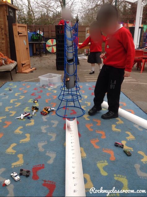 Outdoor challenge - whose car can go furthest along the piece of numbered guttering Schematic Play, Trajectory Schema, Eyfs Transport, Outdoor Maths, Toys Topic, Eyfs Outdoor, Eyfs Outdoor Area, Maths Eyfs, Outdoor Challenge