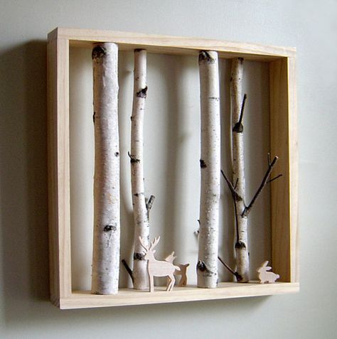 Simple Ikea box frame and aspen tree branches                                                                                                                                                     More Koti Diy, Deco Nature, Woodland Friends, Birch Trees, White Birch, Woodland Theme, Big Boy Room, Reggio Emilia, Woodland Nursery