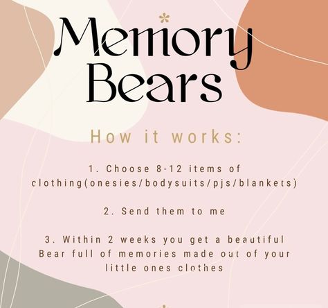 From all of your baby clothes that you kept (if you are like me there’s a lot) choose 8-12 items that you would like to see on the Memory Bear. Put them in a box or a bag and sent them to me ❤️ you can even write on a piece of paper if you want a specific item to be on a specific part of the Bear. Once I receive your items, I will get in touch with you to go over the final detailing before I start sewing! #memorybear #keepsake #mom #nursery #kidsroom Bear Poster, Keepsake Bear, Start Sewing, Memory Bears, Memory Bear, Piece Of Paper, The Bear, A Bag, In A Box