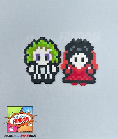 Our HANDMADE Beetlejuice magnets make fantastic gifts or party favors that will delight any fan!  ★ Each character is ORIGINAL Madam FANDOM Pixel FanArt! I pride myself on creating my own bead patterns so that I can offer you a truly unique item to gift to friends, or treat for yourself! M E A S U R E M E N T S ∙ (w x h) ▪Beetlejuice - 3 1/3" x 4" ▪Lydia - 3 1/3" x 4" M O R E ∙ D E T A I L S ★ Magnets have a small, heavy-duty magnet glued to the back - ready for use! T U R N A R O U N D ∙ T I M Donkey Perler Bead Patterns, Halloween Decorations Perler Beads, Lumpy Space Princess Perler Beads, Peeler Beads Patterns Hello Kitty, Patterns For Perler Beads, Scary Movie Perler Beads, Beetle Juice Perler Bead Pattern, Halloween Perler Bead Coasters, Perler Bead Beetlejuice