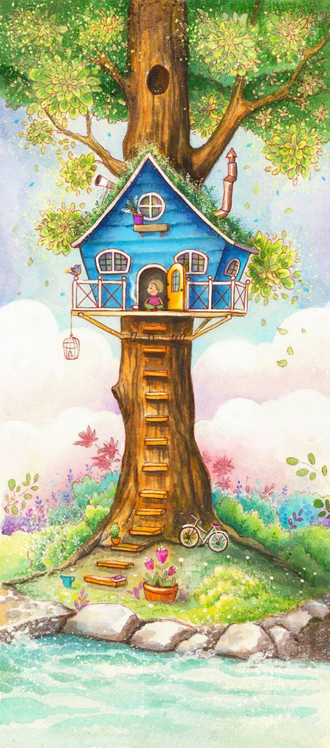 Treehouse - Olya Badulina Treehouse Illustration, Fairy House Drawing, Tree House Drawing, Baby Animal Nursery Art, Illustration Children, Fairy Tree Houses, Storybook Art, Children Books, House Illustration