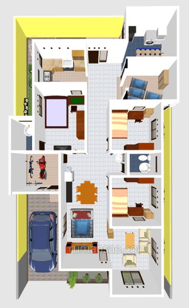 Denah Rumah 3 Kamar Tidur 1 Mushola Dalam Rumah Terbaru - Ada banyak jenis rumah yang saat ini menjadi trend di kalangan masy Single Storey House Plans, Small Home Plan, Architecture Garden, Apartments Exterior, 3d House Plans, Trendy Apartment, Home Design Floor Plans, Small House Plan, Small House Design Plans