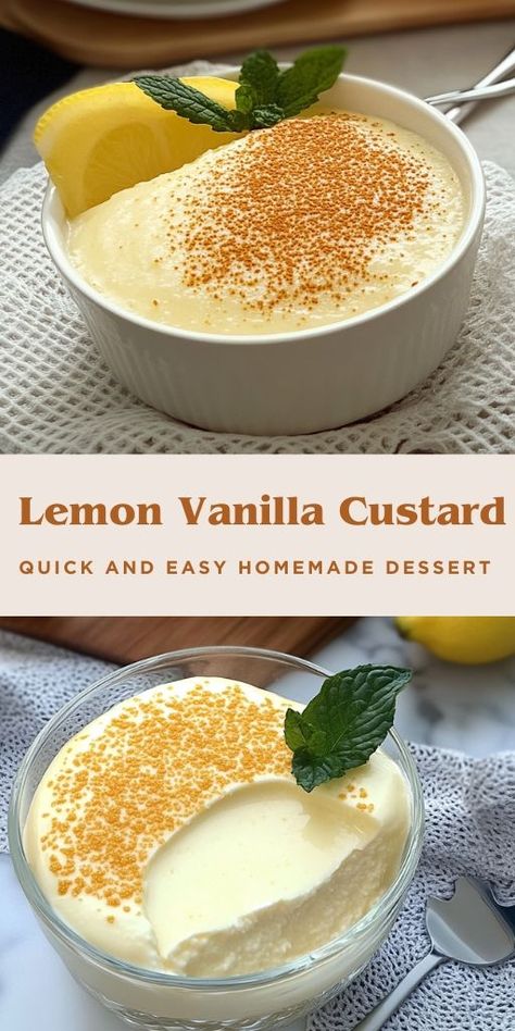 Quick and Easy Homemade Dessert: No-Bake Lemon Vanilla Custard Ingredients: 400 ml (13.5 fl oz) milk Zest of 1 lemon 1 teaspoon vanilla sugar 2 egg yolks 40 g (1.4 oz) sugar 15 g (0.5 oz) cornstarch Juice of 1 lemon 100 g (3.5 oz) condensed milk Cinnamon, cocoa, or chocolate for decoration #Custard #Lemon No Egg Desert, No Bake Condensed Milk Desserts, Lemon Custard Desserts, Whipped Condensed Milk, Easy Lemon Desserts 3 Ingredients, Recipes For Egg Yolks, Condensed Milk Desserts Easy, Egg Yolk Only Recipes, Uses For Egg Yolks