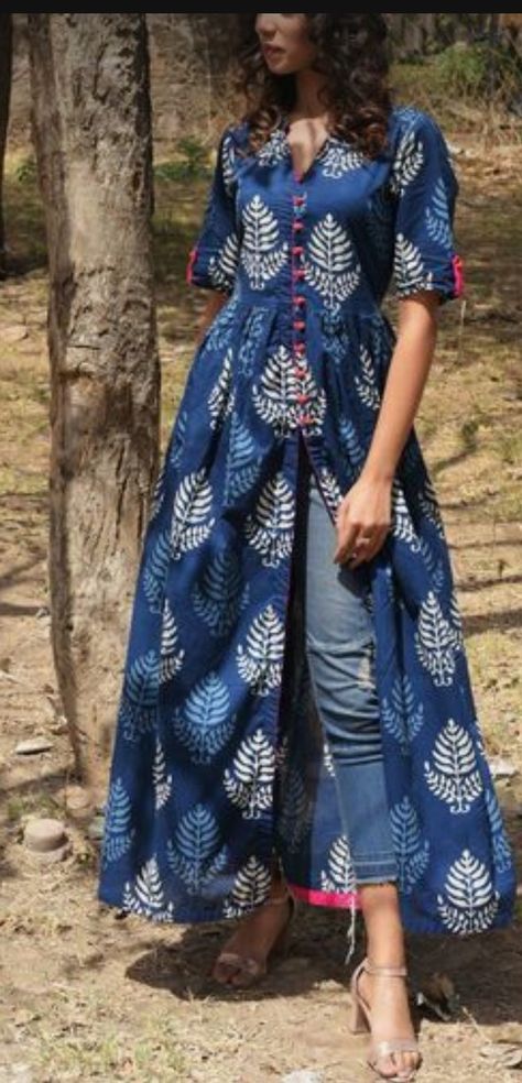 Indigo Outfit Women, Indigo Dress Outfit, Cotton Indigo Kurti Designs, Indigo Print Kurtis, Indigo Kurti Designs, Indigo Kurta, Indigo Block Print, Printed Kurti Designs, The Secret Label