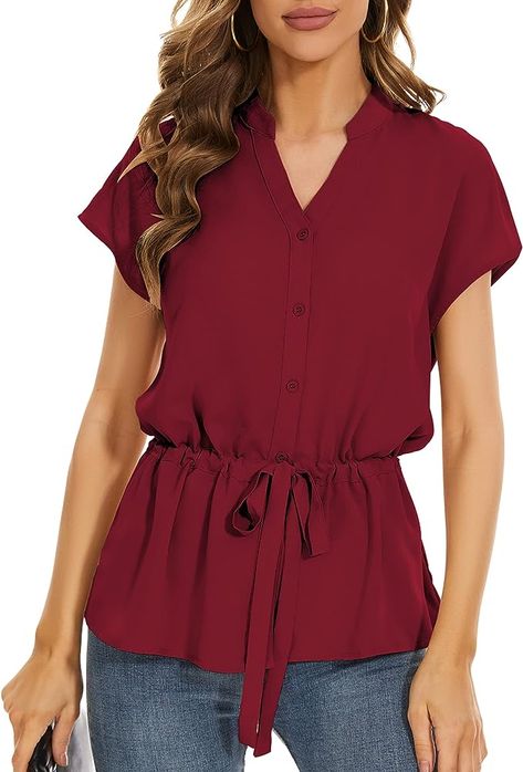 SPRING SEAON Womens Summer Tops Womens Peplum Tops Button Down Blouses Dressy Casual Plus Size Work Shirt Short Sleeve Wine Red at Amazon Women’s Clothing store Womens Peplum Tops, Neck Bow Tie, Plus Size Peplum, Bow Tie Blouse, Plus Size Work, Peplum Tops, Neck Bow, Fitted Blouses, Womens Tops Summer