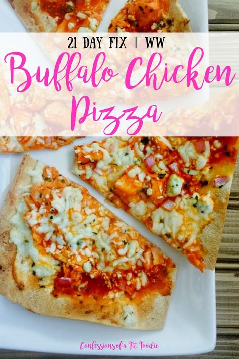 21 Day Fix Buffalo Chicken Pizza is a healthy version of the pizzeria favorite! Use precooked chicken to serve this up in no time! | Confessions of a Fit Foodie | 21 Day Fix Buffalo Chicken Flatbread Pizza | buffalo chicken pizza recipe | how to make buffalo chicken pizza | ww buffalo chicken pizza | weight watchers buffalo chicken pizza | buffalo chicken pizza weight watchers points | weight watchers buffalo chicken flatout pizza | #21dayfix #ww #confessionsofafitfoodie 21 Day Fix Buffalo Chicken, Buffalo Chicken Flatbread Pizza, Flatout Pizza, 21 Day Fix Chili, Flatout Recipes, Buffalo Chicken Flatbread, 21 Day Fix Vegetarian, Buffalo Chicken Pizza Recipe, Confessions Of A Fit Foodie