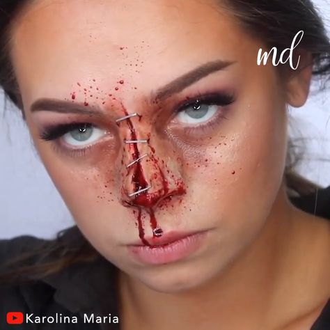 Easy Sfx Makeup Ideas, Nose Makeup Tutorial, Midnight Makeup, Realistic Tutorial, Injury Makeup, Realistic Makeup, Sfx Ideas, Wound Makeup, Blood Makeup