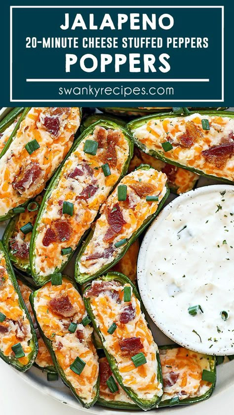 Ranch Jalapeno Poppers - Quick and easy 20 minutes cheesy ranch and bacon stuffed jalapeno poppers. A tasty party appetizer. Keto Stuffed Jalapeno Peppers, Jalepeno Poppers In The Oven, Jalepeno Poppers Bacon Wrapped, Cornbread Jalapeno Poppers, Jalopinos Poppers Oven, Jalopinos Poppers, Fresh Jalapeno Recipes Appetizers, Jalopena Popper Recipe, Jalapeno Poppers In The Oven