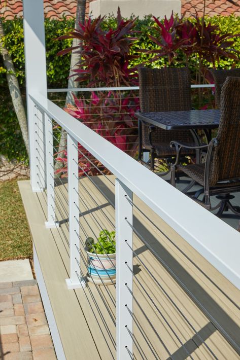 Cable Railing with a Beverage Handrail - Viewrail Deck Handrails Railing Ideas, Wired Porch Railing, Vertical Cable Deck Railing Ideas, Beach House Railing Exterior, Outdoor Cable Railing, Decking Handrail Ideas, Farmhouse Deck Railing, White Cable Railing, Cable Deck Railing Ideas