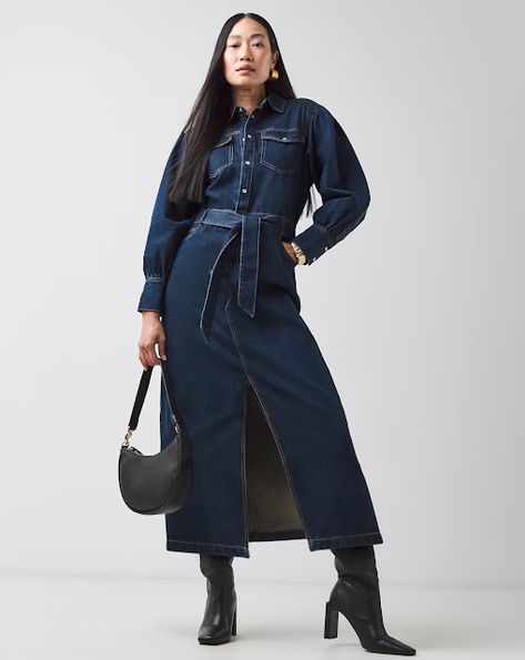 MARIA'S STYLE PLANET: DARK DENIM DRESS Dark Denim Dress, Maxi Denim Dress, Long Denim Dress, Wrap Shirt Dress, Oversized Shirt Dress, Maxi Shirts, Slim Fit Casual Shirts, Denim Maxi, Indigo Denim