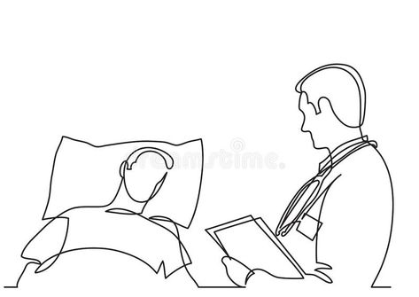 Continuous line drawing of doctor talking with patient lying in bed. Vector linear illustration stock illustration Drawing Of Doctor, Bed Vector, Linear Illustration, Lying In Bed, Person Drawing, Medical Health, Continuous Line Drawing, Continuous Line, Sketches Easy