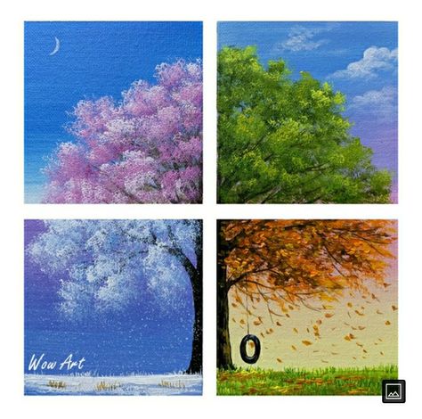 Four Seasons Acrylic Painting, 4 Season Painting Canvases, 4 Seasons Acrylic Painting, Four Seasons Painting Canvases, Changing Seasons Art, Season Painting Ideas, 4 Seasons Tree Painting, Season Tree Painting, 4 Seasons Painting