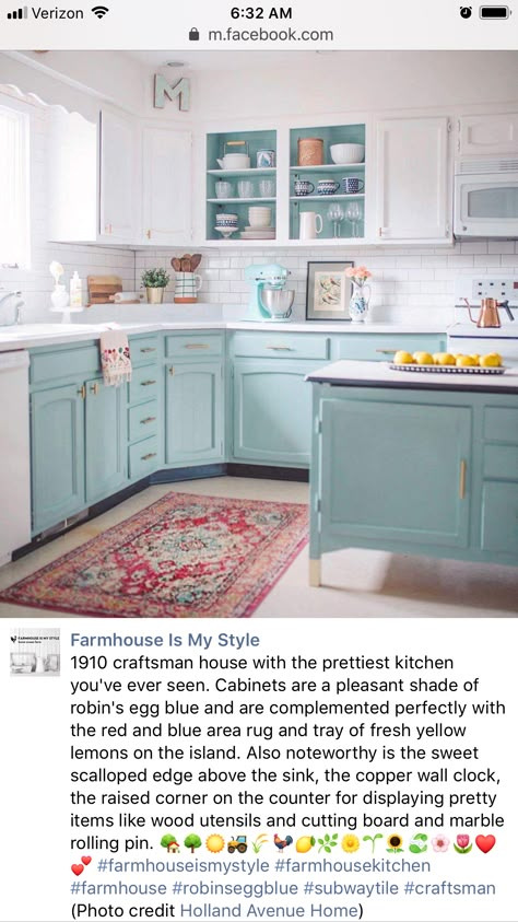 Love these robin’s egg blue kitchen cabinets!  #HollandAvenueHome Duck Egg Blue Kitchen Cabinets, Robins Egg Blue Kitchen, Egg Blue Kitchen, Duck Egg Blue Kitchen, Annie Sloan Duck Egg Blue, Aqua Kitchen, Light Blue Kitchens, Turquoise Kitchen, Teal Kitchen