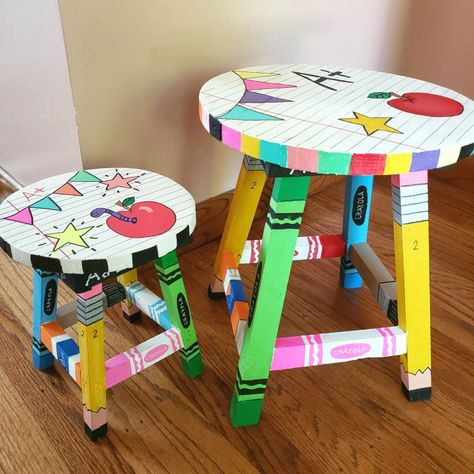 #paintedschool #backtoschool #classroomdecor #classtoom #art #schoolsupplies Teacher Stools Painted Diy, Painted Teacher Stool, Teacher Stools, Teacher Chair, Crayon Themed Classroom, Teacher Chairs, Stool Ideas, Teaching Classroom Decor, Teacher Crafts