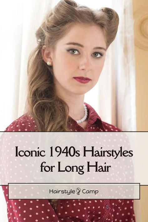 40s Long Hairstyle 1930 Womens Hairstyles, Long Hair 1940’s Style, Old Lady Long Hairstyles, Hairstyles In 40s, 1940s Long Hair, Long 1940s Hair, Retro Long Hairstyles, Easy Retro Hairstyles For Long Hair, Over 50 Hairstyles For Women Long