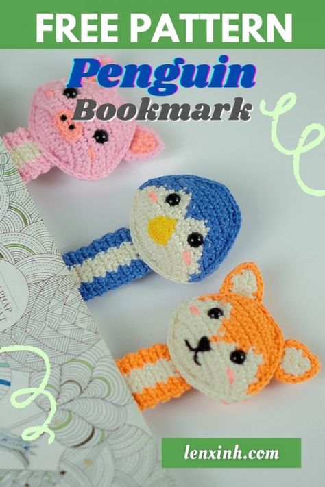 Penguin Crochet Bookmark Free Pattern Crochet Slap Bracelet, Crochet Raok, Crochet Bookmark Free Pattern, Crochet Amiguri, Bookmark Crochet Tutorial, Crochet Bookmarks Free Patterns, Easy Crochet Bookmarks, Bookmark Easy, Worry Worms