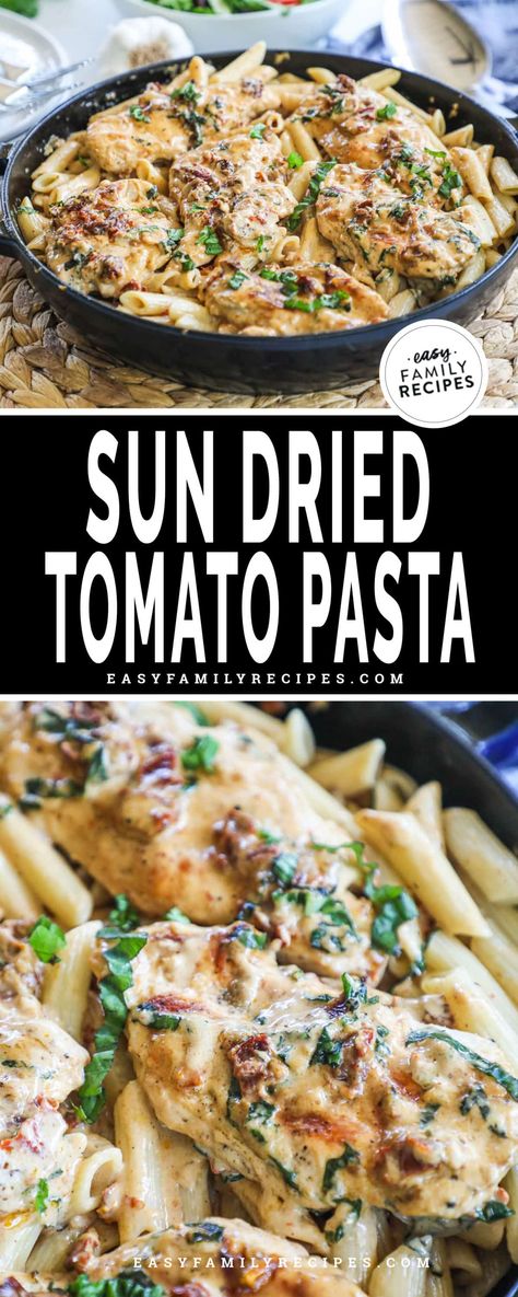 Chicken Pasta with Sun Dried Tomato Cream Sauce · Easy Family Recipes Baked Chicken Pesto, Sun Dried Tomato Cream Sauce, Easy Delicious Chicken Recipes, Basil Cream Sauce, Pasta And Chicken, Sundried Tomato Pasta, Chicken Pasta Dishes, Creamy Chicken Pasta, Sundried Tomato