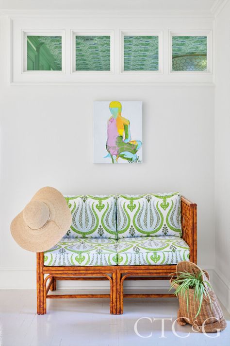 The hallway bench is upholstered in a Peter Fasano fabric. #BeachHouse #Hallway #SittingArea #Greens #GreenInteriors #Foyer Peter Fasano, Round Marble Table, Hallway Bench, Living Room Furniture Layout, Sunrooms, The Catch, Painting Trim, Due Date, Green Interiors