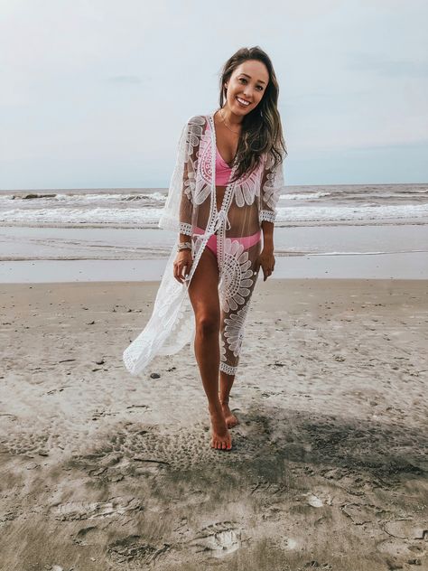 Pink Cover-up With Kimono Sleeves For Beachwear, Pink Long Beach Cover-up, Pink Kimono For Beach Cover-up During Beach Season, Pink V-neck Kimono For Beach Cover-up, Pink Floral Print Kimono Beach Cover-up, Beachy Outfits, Lace Kimono, Pink Swimsuit, Girls Trip