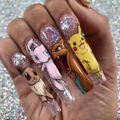 Fall Character Nails, Spongebob Halloween Nails, Pokemon Nails Acrylic, Pokemon Nails Designs, Nails Art Anime, Scooby Doo Nails, 90s Cartoon Nails Acrylic, Spongebob Nail Art, Pokemon Nail Art