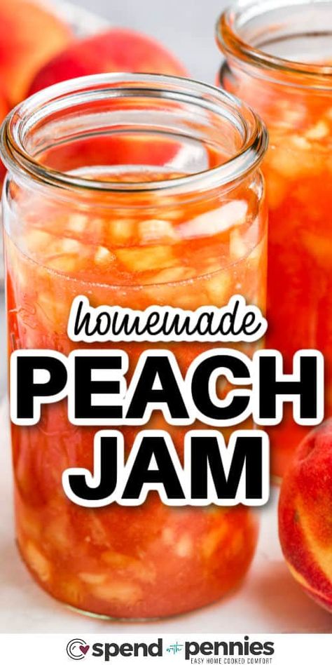 Peach jam is so easy to make with this simple freezer jam recipe. Why not enjoy the summer peach harvest all year long with freezer jam? It won't take long to make this delicious and sweet jam. Just peel, pit, and mash the peaches, then mix with some pectin, sugar, and a little lemon juice. Freeze or place in the refrigerator for a few weeks. #peachjam #freezerjam #peachfreezerjam #spendwithpennies Peach Harvest, Freezer Jams, Freezing Recipes, Peach Freezer Jam, Freezer Ideas, Easy Jam Recipe, Fruit Butters, Sweet Banana Bread, Breads Recipes