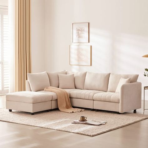 Beige L-Shape Sofa Convertible U-shape Sectional Recliner with Ottoman - Bed Bath & Beyond - 40311083 Convertible Ottoman, Sofa Convertible, Recliner With Ottoman, Shape Sofa, Couch With Ottoman, Corner Couch, Modular Couch, L Shape Sofa, Fabric Sectional Sofas