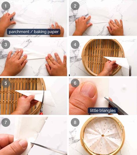 How to make perforated paper liner for bamboo steamers How To Steam Dumplings In Bamboo Steamer, Steaming Dumplings In Bamboo Steamer, Bamboo Steamer How To Use, How To Use A Bamboo Steamer, How To Use A Bamboo Steamer Basket, Steaming Recipes, Octopus Food, Bamboo Steamer Recipes, Staple Meals