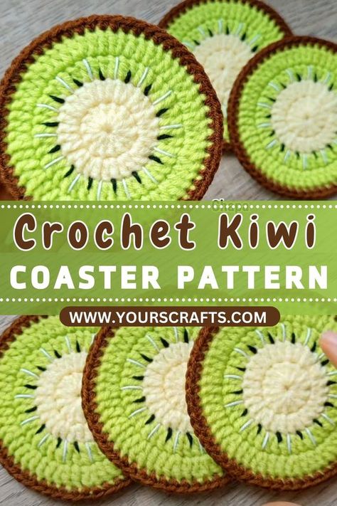 Free Crochet Fruit Coaster Patterns For Any Table Setting Crochet Table Decorations, Crochet Food Coasters Free Pattern, Crochet Fruit Coasters, Kiwi Coaster, Coaster Crochet Pattern Free, Crocheting Cardigan, Crochet Kiwi, Fruit Crochet, Crochet Cup Coaster